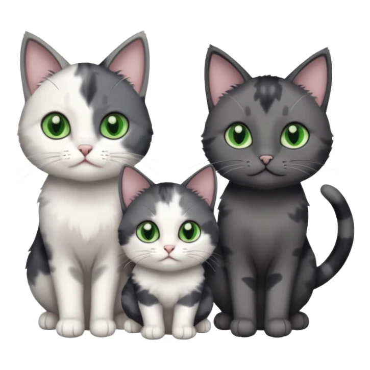 3 different coloured small cats including a dark grey and white, and a patchy calico and a completely solid dark grey with green eyes and only white paws sticker