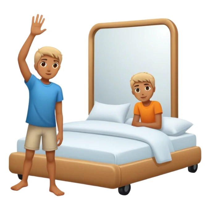 A person stands beside their bed, rolling out groggily with determination. The bed behind them is neatly made, a mirror in front of them shows them high-fiving their reflection. A glowing sunrise outside signals the start of a productive day. sticker