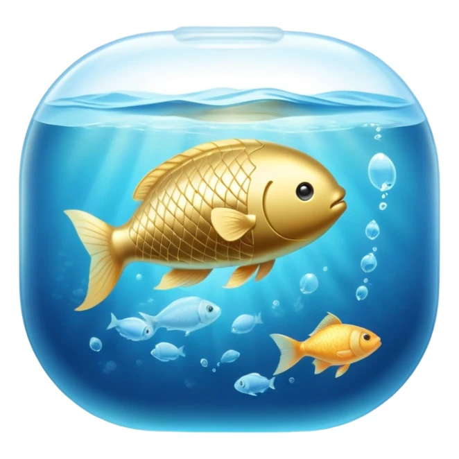 Golden capsule floating in gentle blue water currents, with a translucent fish swimming around a glowing brain. Soft light waves emanating from the brain creating a calming effect. The scene has an ethereal, dreamlike quality. sticker