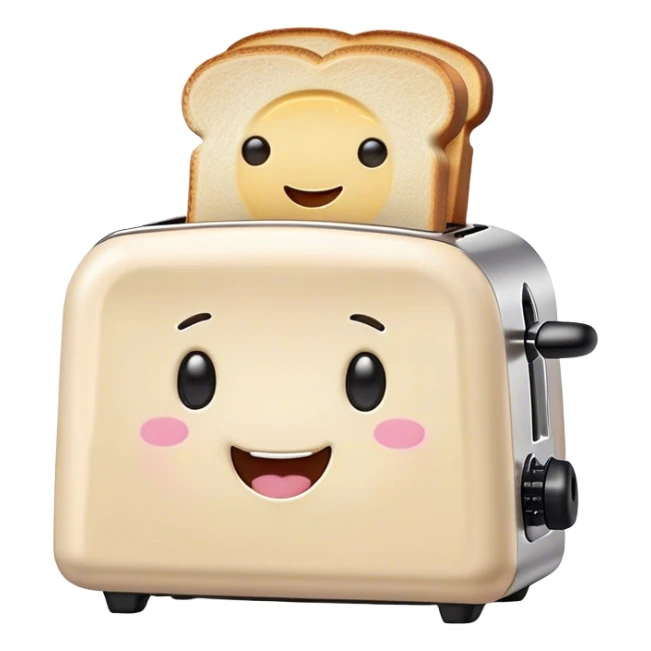 Cute Kawaii Toaster, tiny and square, soft pastel cream with a happy smile, chubby cheeks, two little toast slices popping out, giggling in excitement! sticker
