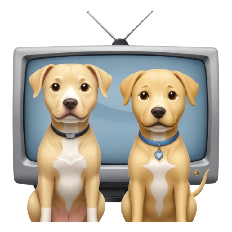 Grey pitbull with yellow lab in front of an tv sticker