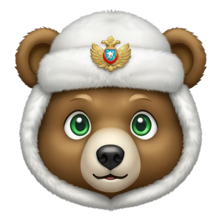 Adorable bear head with big green eyes and soft expression, wearing white fluffy ushanka with detailed Russian emblem in center, iOS emoji style sticker