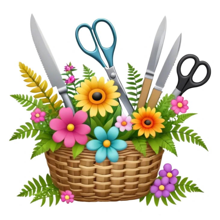 Icon for Floristry: a woven basket with flowers, reeds, ferns, bright ribbons and a small plush toy. Add big garden scissors and knife above. The icon should represent creativity in flower arrangement and decorative design. Transparent background. sticker