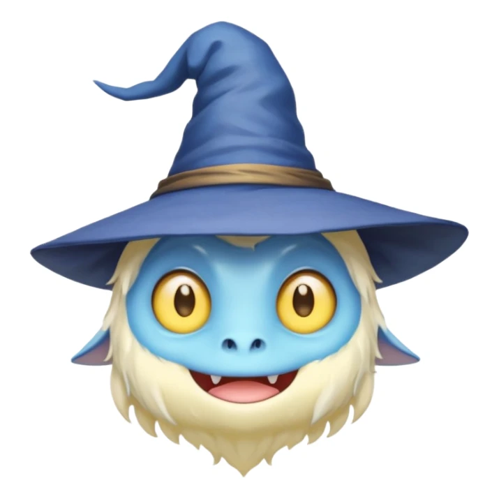 cute monster with white body, yellow tail, wearing blue sky witch hat. the face facing the front towards the 4th wall sticker
