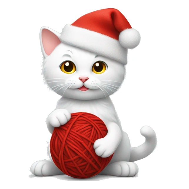 white cat wearing a christmas hat playing with a ball of red yarn sticker