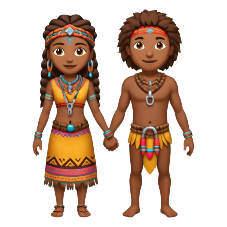 A happy tribal man holding hands with a happy tribal woman wearing a lock sticker
