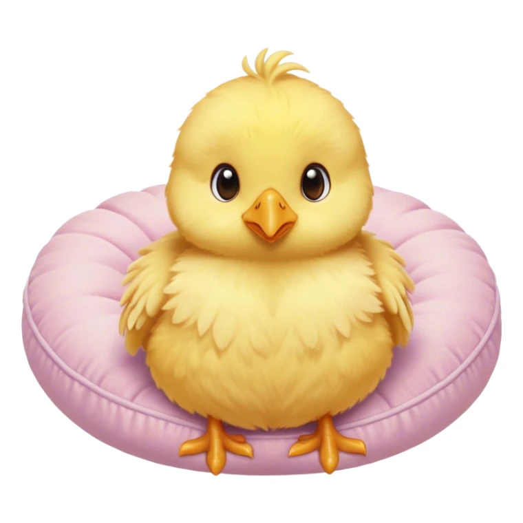 Cinematic round fluffy chick, golden yellow, tiny beak and feet, soft downy feathers, sparkling gentle eyes, sitting on a pastel-colored cushion, radiating warmth and sweetness. sticker