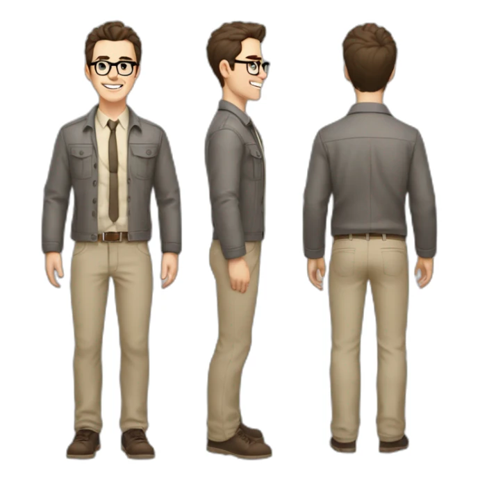 Joyful Full height Pale skinned Fit Man With dark brown hair in gray jacket, beige office shirt, Brown pants and vintage glasses. His thrumbs up sticker