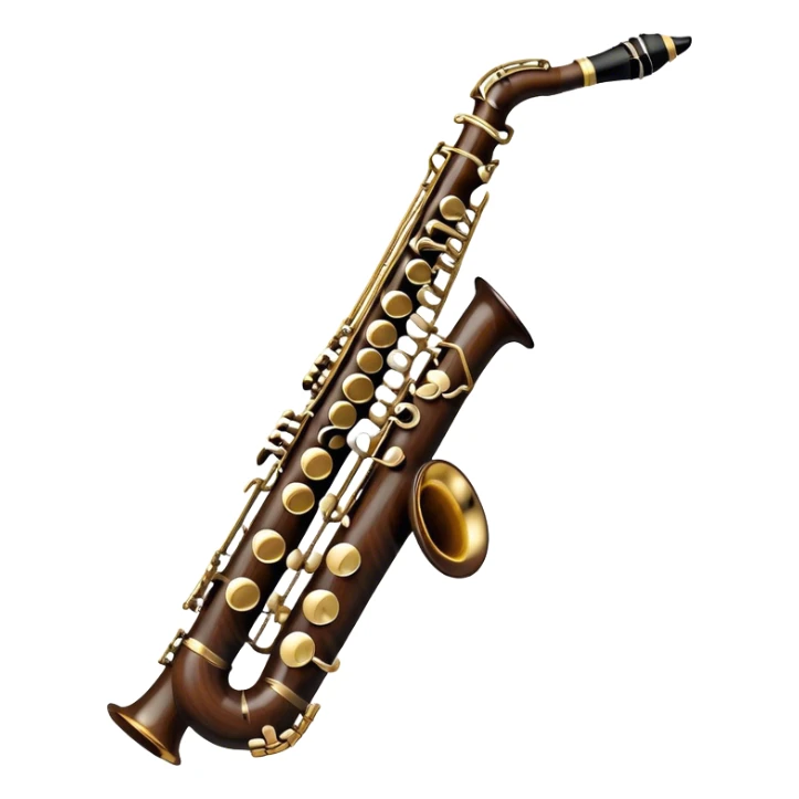 Create a detailed and unique emoji representing a clarinet with a saxophone-style mouthpiece. The design should feature the sleek, dark wood finish of the clarinet, with its shiny metal keys clearly visible, but at the top, include the large, curved mouthpiece typical of a saxophone. The mouthpiece should have a reed, similar to the one used in a saxophone, with subtle details to indicate its function. Use dark wood tones for the body of the instrument and silver or brass accents for the keys. Add small musical notes or soundwaves around the instrument to evoke its smooth, melodic sound. The background should be transparent sticker