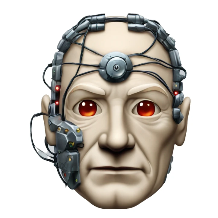 Jean luc picard from Star Trek assimilated by the Borg, with mechanical metal covering the left side of his face, with wires and a red light on the left side. His eyes are blue sticker
