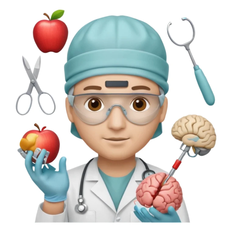 neurosurgeon wearing surgical cap and mask, holding brain model, surrounded by many surgical tools, apple emoji style sticker