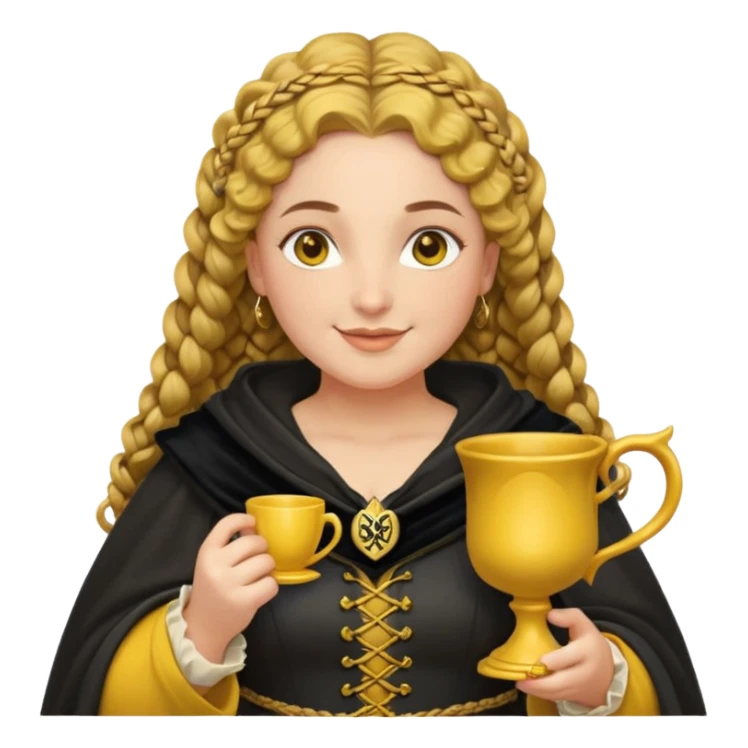 Helga Hufflepuff, 2 curly thick brown braids, yellow-black medieval dress, black cloak decorated with gold braiding, tiny two-handled shiny yellow-gold cup, very kind smile, curvy busty sweet woman, thick rosy cheeks sticker