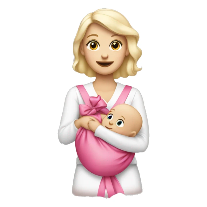 white blonde woman holding a baby that has a pink bow sticker