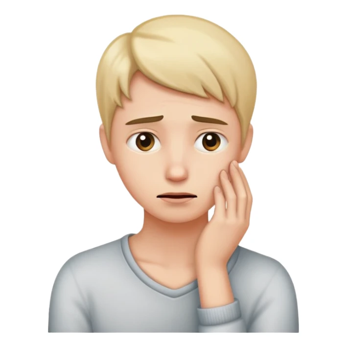 person with a worried expression, holding their hand to their neck sticker