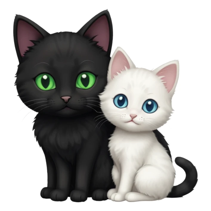 Black cat with green eyes cuddling next to small white kitten with blue eyes  sticker