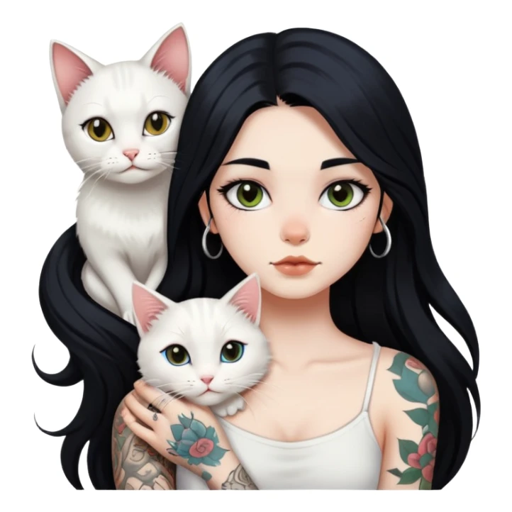 girl with long black hair and tattoos and a white cat sticker