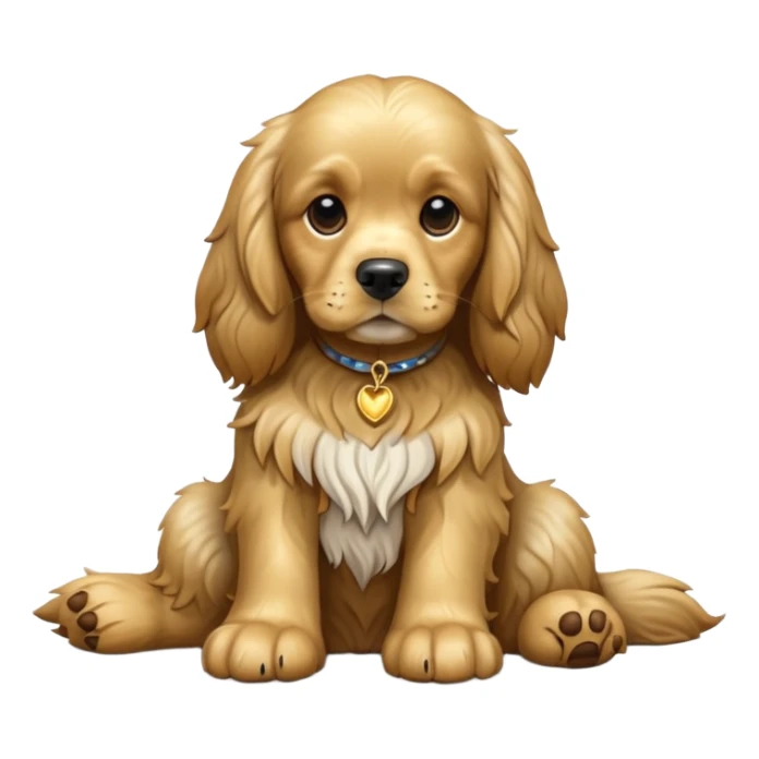 cinematic-[cocker spaniel dog]-realistic-full-body-sitting-emoji,-tail-resting-loosely-beside-its-paws,-head-tilted-dramatically,-scruffy-[solid gold]-fur,-simplified-yet-realistic-focused-features,-highly-detailed,-glowing-with-an-almost-sarcastic-glow sticker