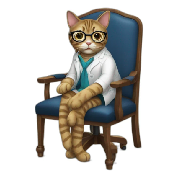 a cat phd in a chair by desk with glasses and dress sticker