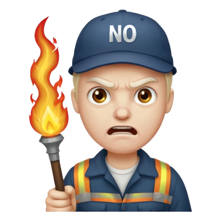Angry man with a torch and a pitchfork and a cap that says "no blathy" sticker