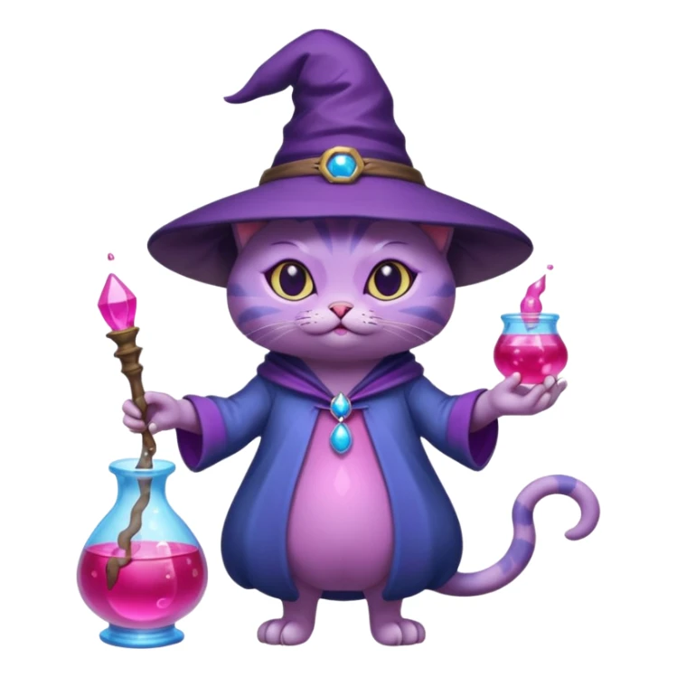 Purple witch cat full body with pink potion and blue potion bubbling  sticker
