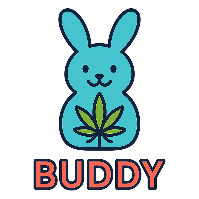 minimal rabbit logo for a cannabis AI chatbot named Buddy, incorporating a stylized cannabis leaf, simple and memorable sticker