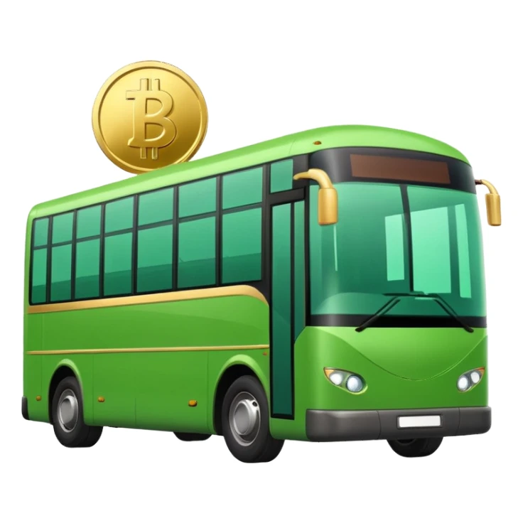 green electric bus with a big gold coin displaying 0€, no text on the bus sticker
