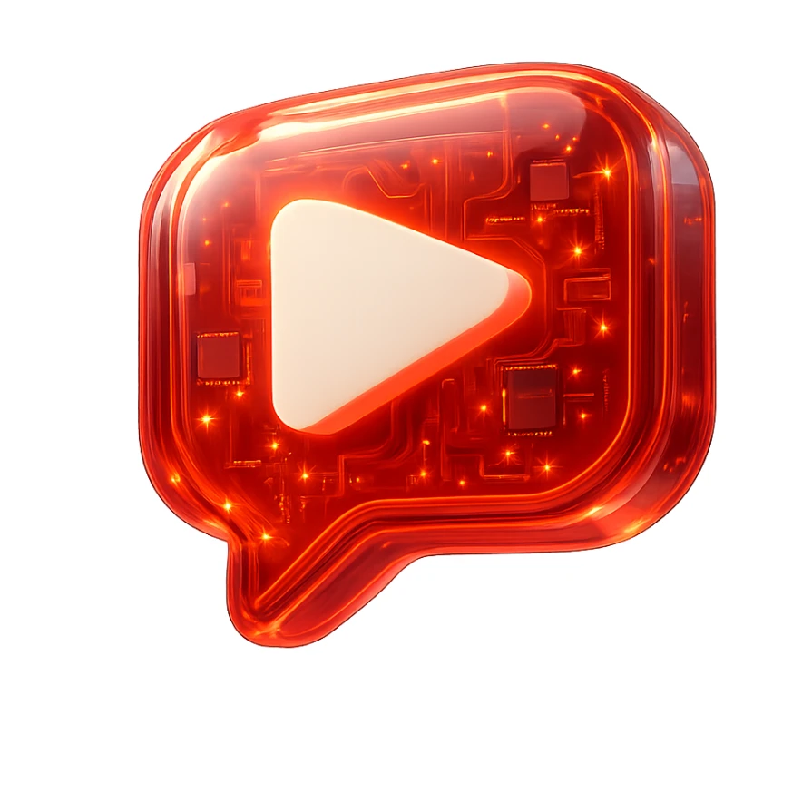 red speech bubble with inside a big red YouTube white play button, very glossy circuit style, lot of glow sticker