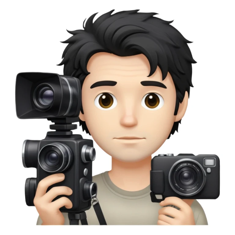a white man with black messy hair holding a foto camera sticker