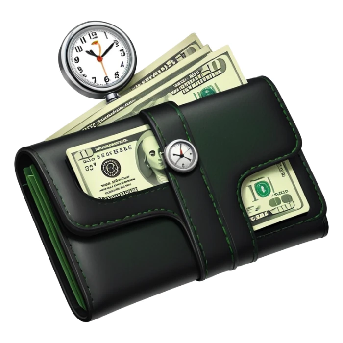 black wallet with green dollar bills visible inside and a small clock in top right corner positioned over the wallet sticker