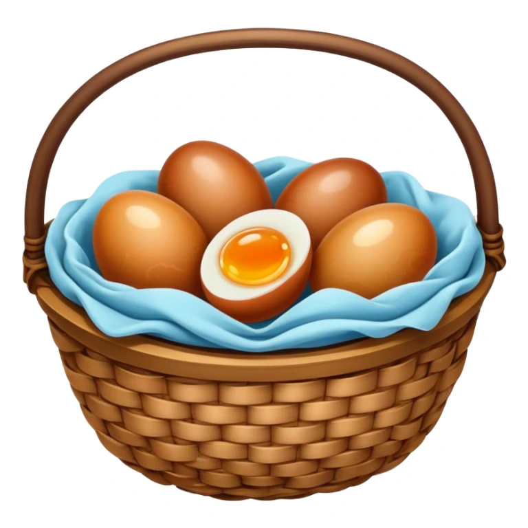 Tea eggs marbled brown appearance in basket, simplified emoji style with bold outlines and bright colors, cartoon style Chinese breakfast Cha Ye Dan sticker