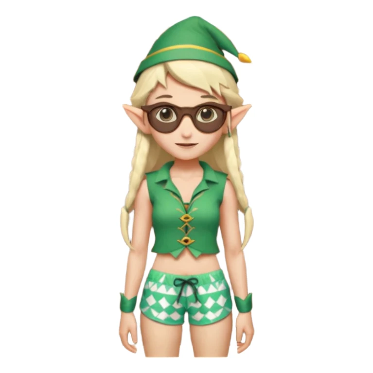 elf female legolas portrait, patterned board shorts (geometric/abstract), unique wooden-framed sunglasses, undercut hairstyle, slight smirk, visible pointy ears, no background, centered emoji, hipster summer vibe coctails with summer hat sticker