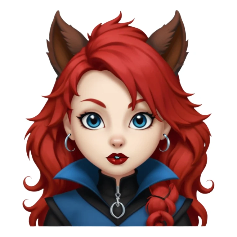  long curly blood red hair (darker), red pointed squirrel ears with black trim, black goth outfits, body and face human, blue eyes, more pointy chin, black lipstick, one big fluffy red squirrel tail with black tips, close her mouth, less evil looking sticker