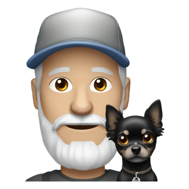 Older man with blue eyes gray hair gray goatee in ball cap holding black longhair chihuahua  sticker