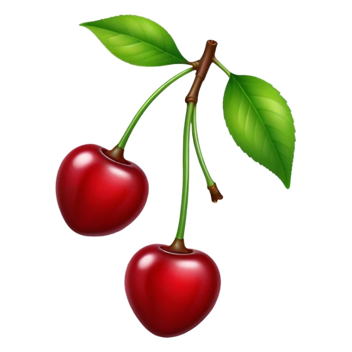 A pair of glossy red cherries with green stem and leaf sticker