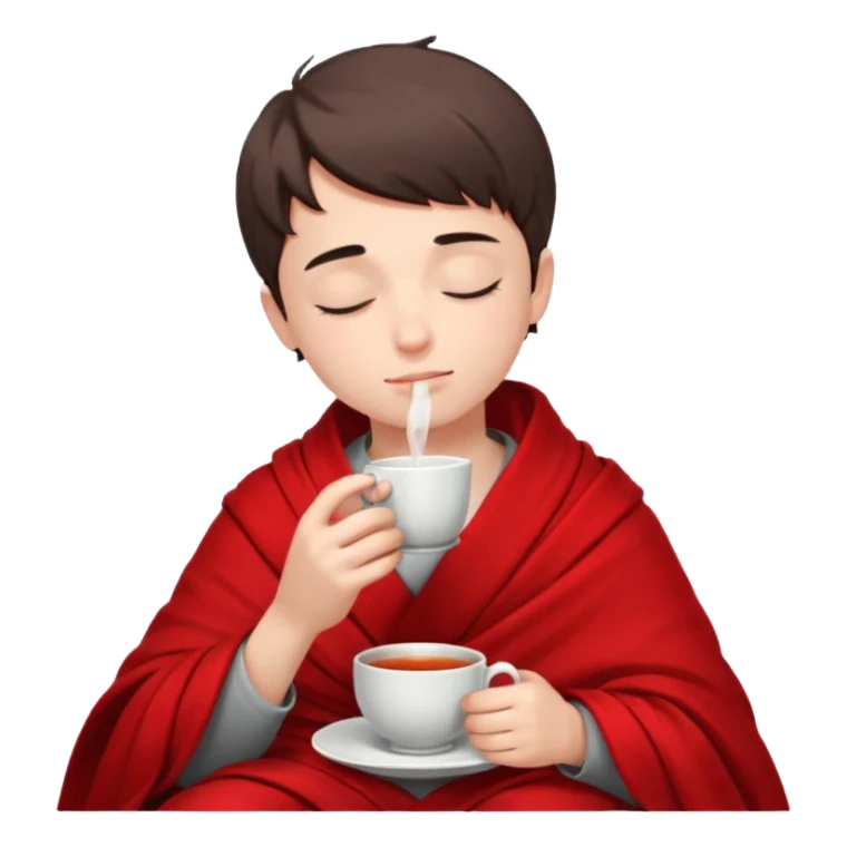 A European boy is sitting wrapped in a red blanket, drinking tea with his eyes closed. sticker