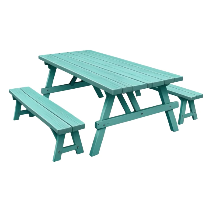 functional scenic prop picnic table with benches, soft teal, straight vertical legs, wheels, flat wood-style silhouette, clean geometry, minimal shading sticker