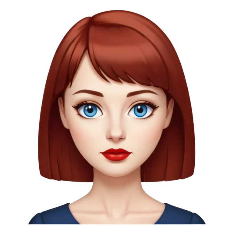 Creative 40-something woman with fair skin, oval face, striking blue eyes with dark eyeliner, thin eyebrows, small nose, full lips with bright red lipstick, dark auburn hair with straight bangs, slight age lines, wearing an elegant black blouse, artistic expression sticker