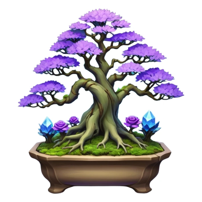 Futuristic wild glowing space alien moss maples Bonsai hair-pine-leaf group multi faceted intricate crystalline inspired boxwood purple rose blue informal rocky cliffhanger eight trees forest planting in shallow willow slab style pot with big animal-like feet  sticker