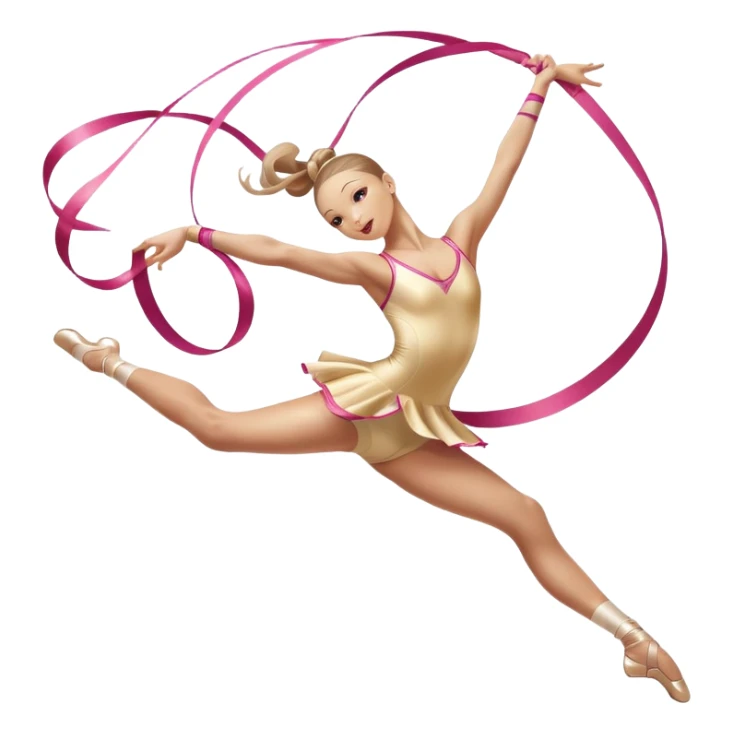 A graceful rhythmic gymnast performing with a flowing ribbon, executing an elegant leap mid-air. The pose exudes flexibility, balance, and artistry. The background suggests a competition arena with soft lighting, emphasizing movement, precision, and the beauty of the sport. sticker