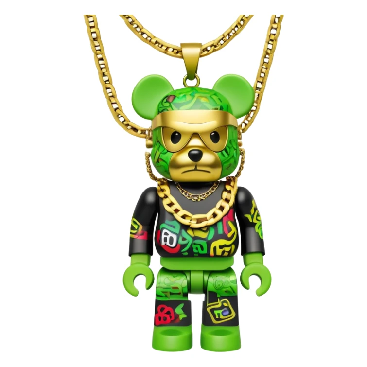 classic bearbrick figure with lime green mask covered in chaotic brand logos, wearing several large gold chains, gold pendant, rapper style accessories, expressive eyebrows sticker