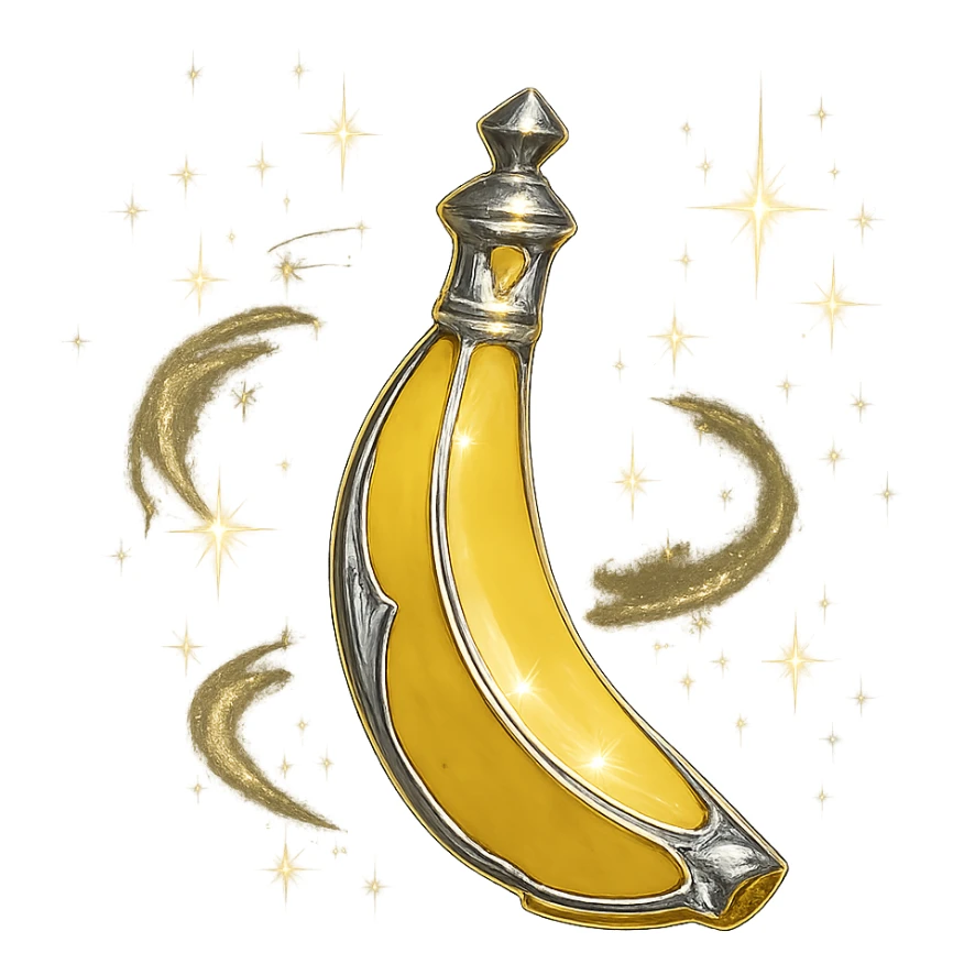 prabangus eliksyro buteliukas, banano forma, banano geltonumo spalva, sidabrinės ir holografinės detalės, maksimaliai daug magiškų efektų, labai mažas kaklelis, vientisas dugnas, skaidrus fonas, buteliukas plūduriuoja ore, be pagrindo ar šešėlio, modernus, kolekcijai tinkamas sticker