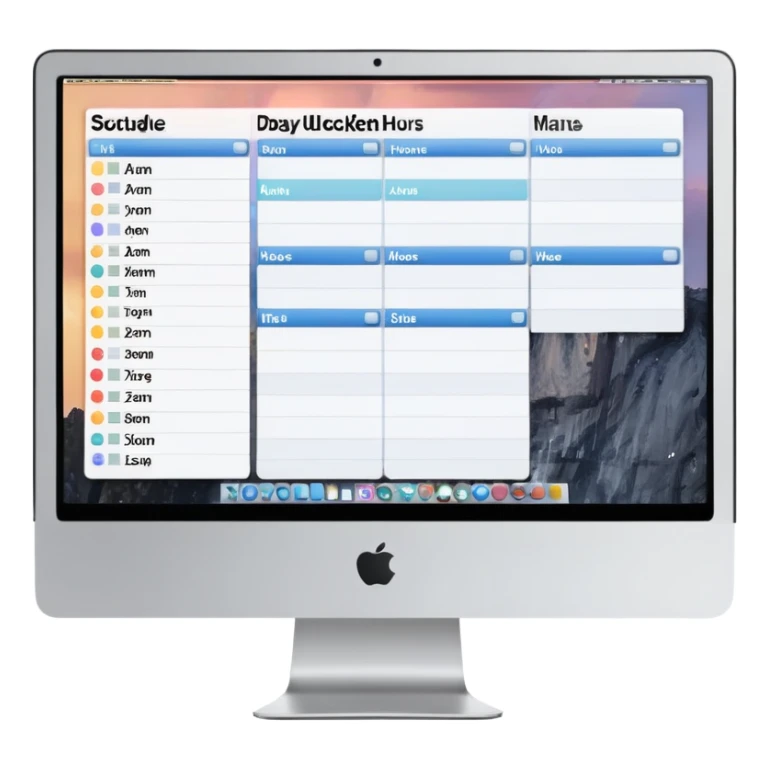 front-facing iMac showing a day schedule with vertical hours (9am, 10am, 11am) and horizontal client slots, some slots clearly booked sticker