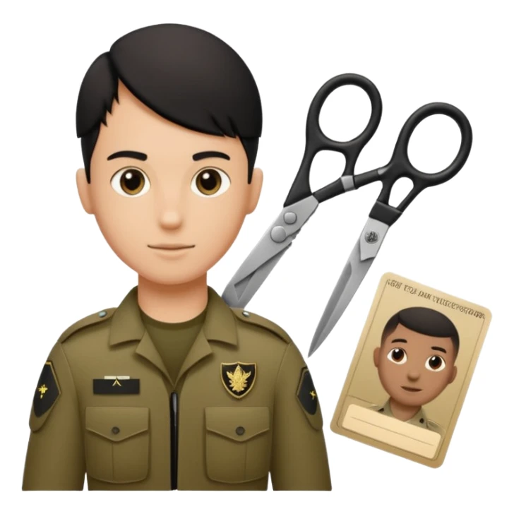 Floating black Scissors cutting in half an idf soldier ID card with a little chip in 2 parts .hyper realistic sticker