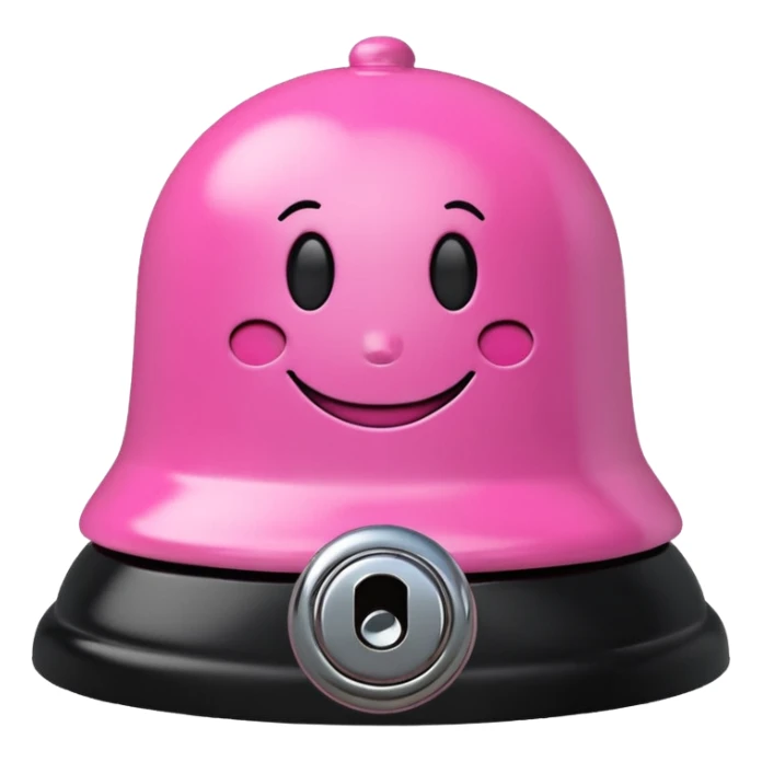 pink call bell with chrome knob on top and black base with smiley face on it sticker
