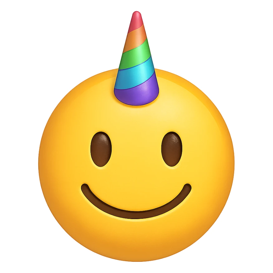 yellow face with rainbow unicorn horn emoji, digital illustration sticker