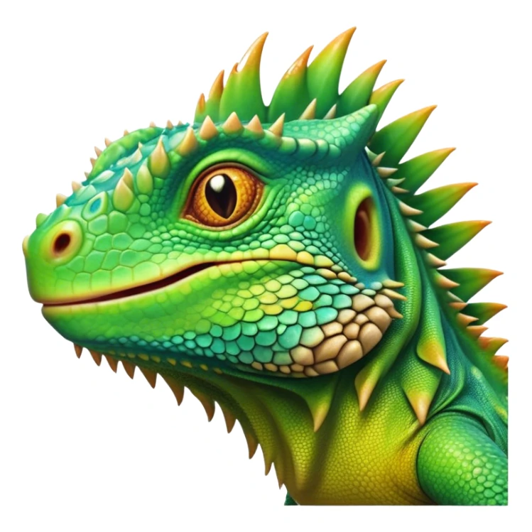Cinematic Cute Iguana Portrait Emoji, Head tilted playfully and inquisitively, featuring a delightfully vibrant, textured body with a subtle spiky crest and large, sparkling eyes full of gentle wonder, Simplified yet irresistibly adorable features, highly detailed, glowing with a warm, inviting jungle glow, high shine, affectionate and lively, stylized with a touch of whimsical reptilian charm, soft glowing outline, capturing the essence of a mischievous yet loving iguana that seems as if it could scurry out of the screen into your arms! sticker