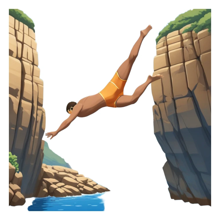 A diver mid-air, diving from a rocky cliff into the sparkling blue ocean below. The background shows a dramatic cliffside and clear sky, capturing the daring and exhilarating nature of cliff diving, with the water below ready to embrace the plunge. sticker