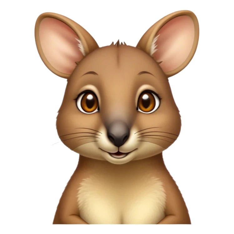 Cinematic Cute Wallaby Portrait Emoji, Head tilted playfully and inquisitively, featuring a glossy tan fur with delicate brown accents and a charming, alert expression, round, sparkling eyes filled with gentle curiosity, Simplified yet irresistibly adorable features, highly detailed, glowing with a warm, friendly glow, high shine, affectionate and bouncy, stylized with a touch of outback whimsy, bright and endearing, soft glowing outline, capturing the essence of a mischievous yet loving wallaby, so playful it feels like it could skip out of the screen into your arms! sticker