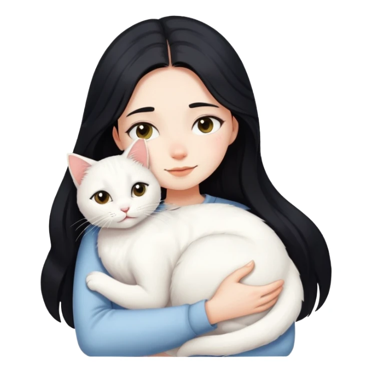 Long black-haired girl hugging a white cat sticker
