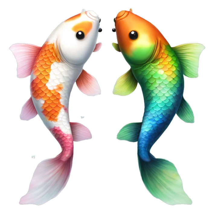  Two realistic koi fish, one green & blue, the other pink & white, swimming in opposite directions, ying yang, Pisces fish, cloudy, water, dreamy, bubbles, iridescent sticker